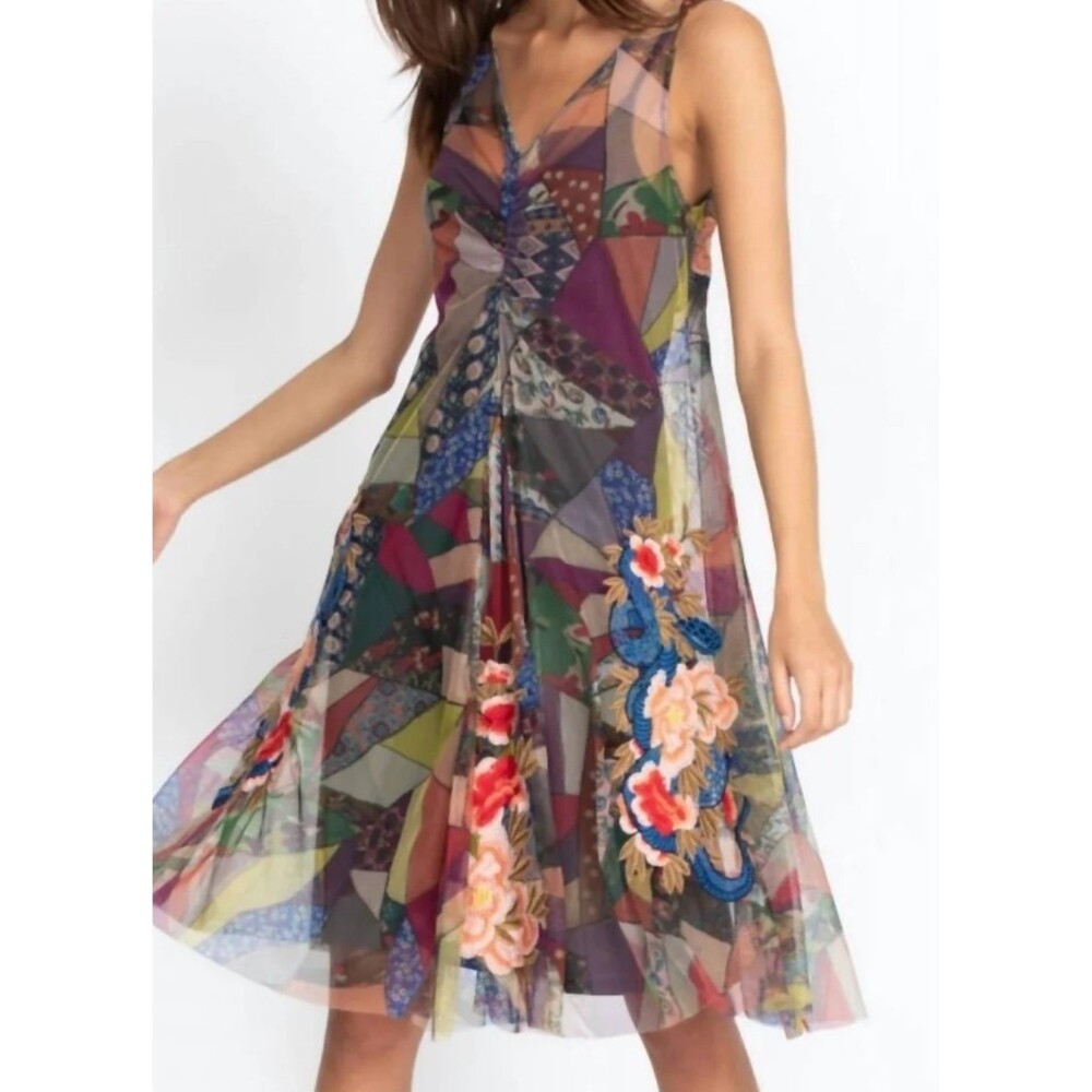 Johnny Was Biya Mesh Maxi Printed Embroidered Patchwork Boho Dress Size L